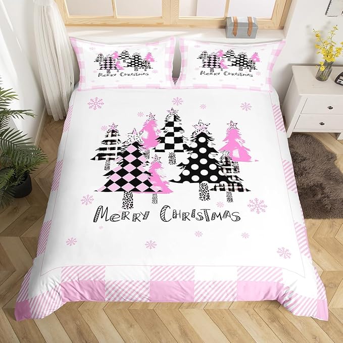 Manfei Xmas Trees Duvet Cover Set Twin Size, Pink Plaid Grid Snowflake Comforter Cover with 1 Pillowcase, Christmas Theme Bedding Set for Kids Girls Room Decor New Year Bedspread Cover, No Comforter