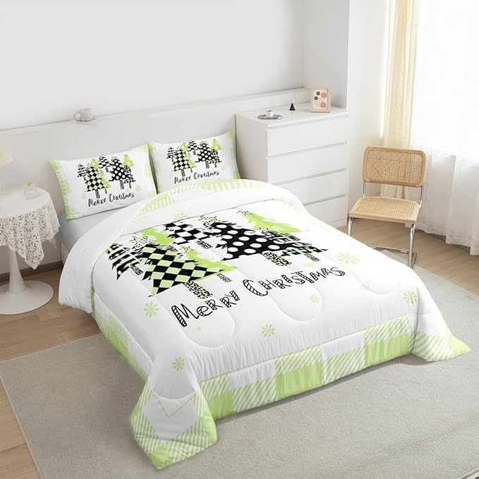 Manfei Xmas Trees Comforter Set Queen Size, Green Plaid Grid Snowflake Bedding Set 3pcs for Kids Girls Adults Bedroom Decor, Christmas Theme Down Comforter New Year Quilt Set with 2 Pillowcases