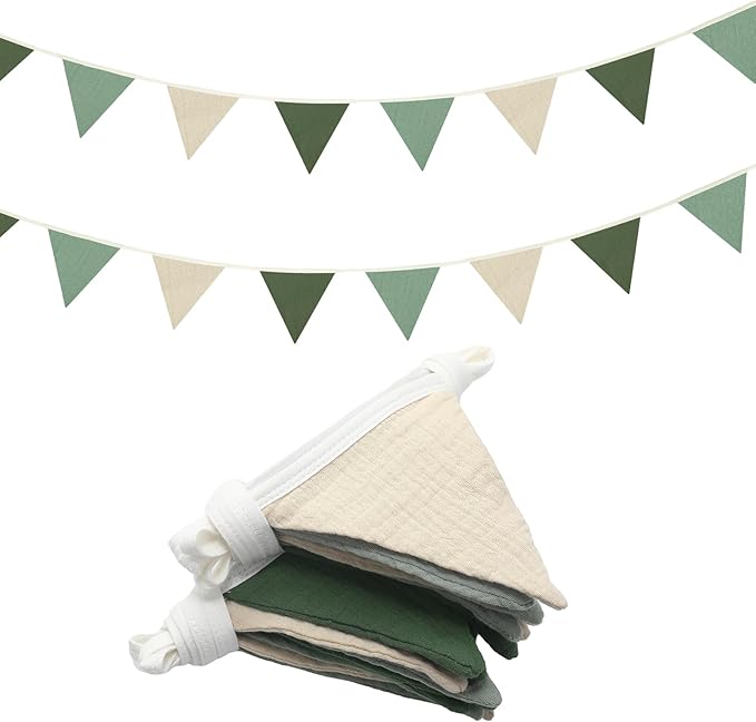 Oudain 15.5 ft Pennant Banner Flags, 2 Pcs Nursery Garland Triangle Bunting Flag Baby Banner for Nursery Decor Baby Birthday Boho Wedding Shower Party Event, Each 7.75 ft (Fresh Natural Color)
