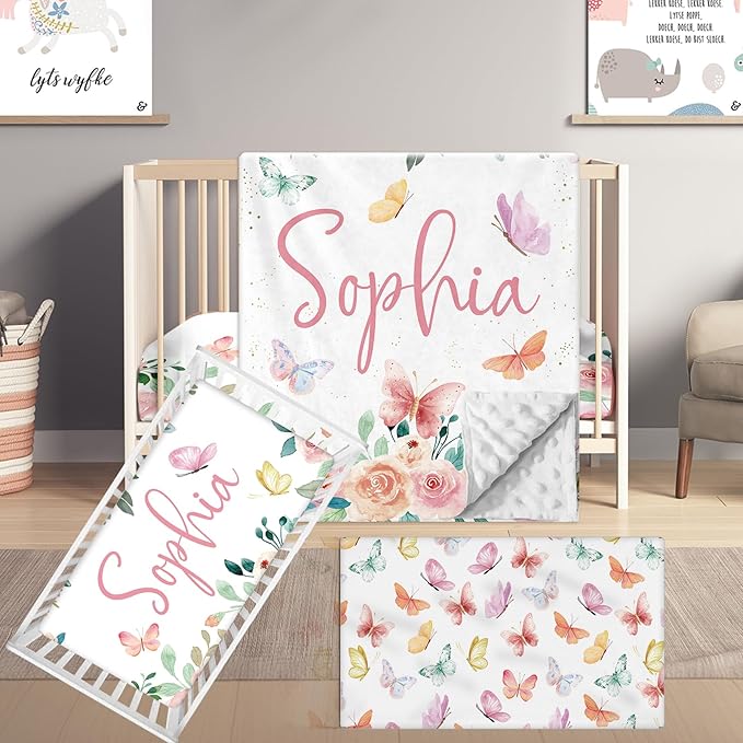 Custom Name Crib Bedding Set, 3 Pcs Personalized Baby Crib Bedding Set, Soft Pink Butterfly Nursery Crib Sets for Boys Girls, Double Layer Toddler Bedding Set Customized Gifts for Newborn Kids