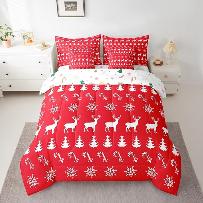 Erosebridal Christmas King Bedding Set 7 Piece,Xmas Elk Deer Bed in A Bag,Winter Snowflake Comforter Set Candy Pine Tree Sheet Set with Comforter,Red Christmas Decoration