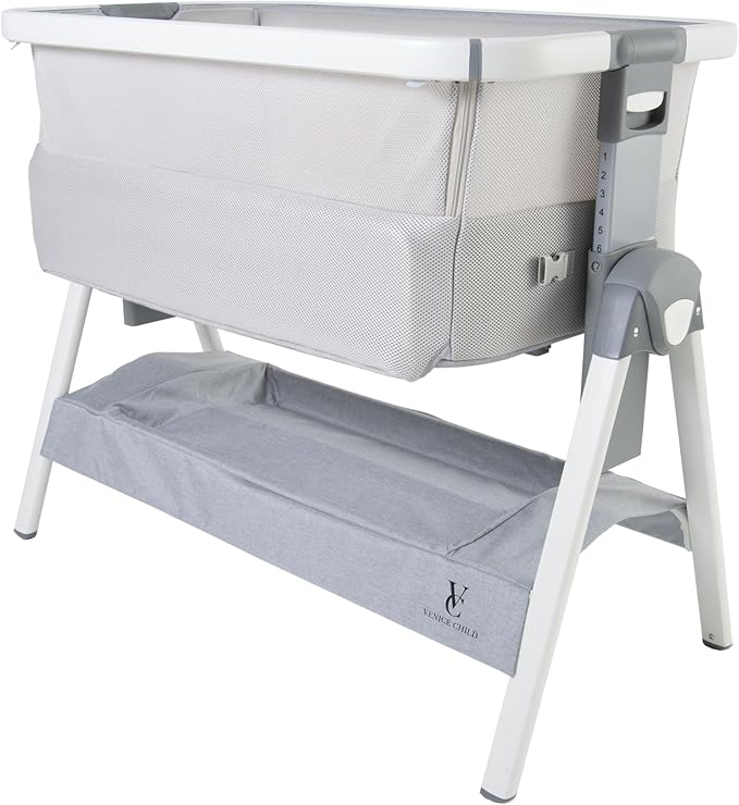 Venice Child California Dreaming Bedside Crib Bassinet w/Travel Case, Bamboo Bassinet Sheet, Removable Bamboo Compressed Cotton Mattress, Height Adjustable, Easy Clean (Gray)
