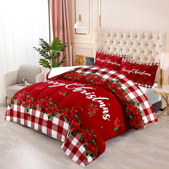 LUVIVIHOME 3PCS Christmas Comforter Set Queen Size, Farmhouse Bedding, Holiday New Year Xmas Floral Checkered Red Buffalo Plaid Bedding, Poinsettia Christmas Decorations, Xmas Gifts, 2 Pillow Cases