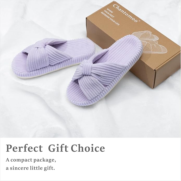 Chantomoo Slippers for Women Memory Foam House Bedroom Corduroy Bow Crossbands Slipper Shoes Comfy Trendy Gift Slippers