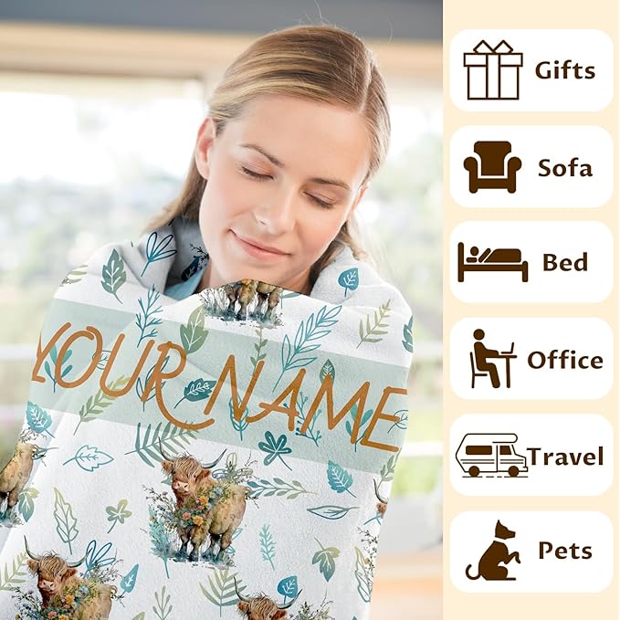 Personalized Blanket Gifts for Women Girls - 60x50 Inches Cute Highland Cow Throw Blanket for Kids Teens Adults - Soft Flannel Vintage Blankets for Bed Couch Travel