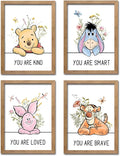 Cute Winnie the Pooh Quote Framed Wall Art Set of 4, Boho Educational You are Brave Strong Smart Kind Wooden Saying Sign for Baby Girl Kid Boy Toddlers, Preschool Inspirational Nursery Wall Decor