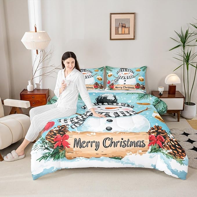 Feelyou Merry Christmas Comforter Set Queen Size Cute Snowman Bedding Set for Kids Boys Girls Snowflake Duvet Quilt Winter Bedroom Decor Microfiber 3 Pcs with 2 Pillow Cases