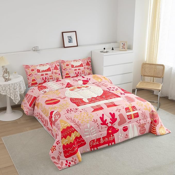 Feelyou Cute Santa Claus Bedding Set for Kids Boys Girls King Size Xmas Deer Elk Decor Comforter Set Ultra Soft Comforter Xmas Tree Duvet Quilt Bedroom Decor Christmas Decor Quilt