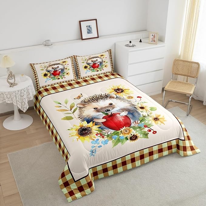 Castle Fairy Autumn Harvest Thanksgiving Bed Comforter Set Queen Size,Cartoon Hedgehog Super Soft Microfiber Bedding Set for Adults Teens,Fall Sunflower Leaves Comforter Set,2 Pillowcases