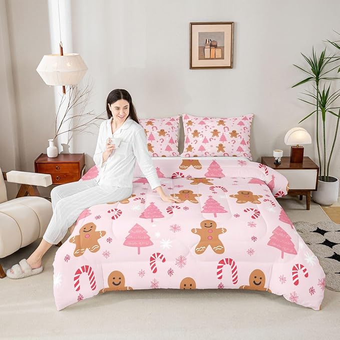 Feelyou Cute Gingerbread Man Comforter Set All Season Pink Christmas Tree Bedding Set with 2 Pillow Cases Candy Cane Kids Queen Snowflake Room Decor Christmas Duvet Quilt Breathable Soft Lightweight