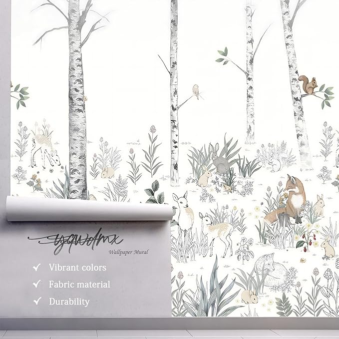 -Nursery Cartoon Woods Hand-Painted Animal Wallpaper Children's Room XT10 S 100" x 65"