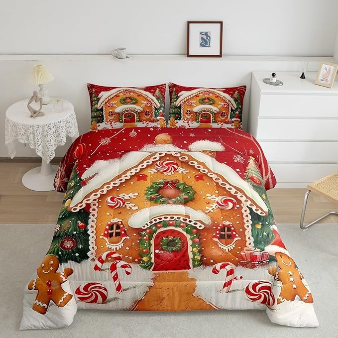 jejeloiu Kids Christmas Theme Comforter Set Queen Size Xmas Tree Gingerbread Man Bedding Set for Boys Girls Teens Candy Cane House Winter Happy New Year Duvet Quilt Room Decor