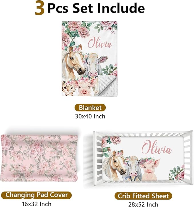 Custom Name Crib Bedding Set, 3 Pcs Personalized Baby Crib Bedding Set, Soft Flower Animals Nursery Crib Sets for Boys Girls, Double Layer Toddler Bedding Set Customized Gifts for Newborn Kids