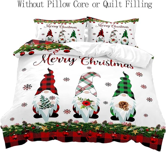 LUVIVIHOME 2PCS Christmas Gnome Duvet Cover Twin, Christmas Bedding, White Duvet Cover, Holiday New Year Santa Claus Snowflake Black Red Checkered Buffalo Plaid Comforter Quilt Cover, 1 Pillow Case