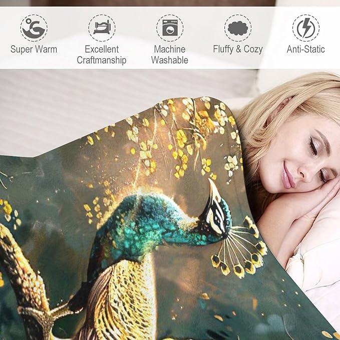 Peacock Blanket Gold Peacock Gifts for Girls Boys Woman Kids Lover Throw Blankets Soft Blanket Warm Fleece Flannel Plush Blankets for Bed Sofa Couch 40"x50"