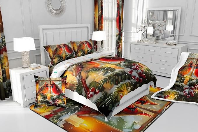 Feelyou Merry Christmas Kids Comforter Set Toddler Size Cardinal Bedding Set Winter Bird Duvet Quilt for Kids Boys Girls Bedroom Red Berries Decor Microfiber Ultra Soft Breathable