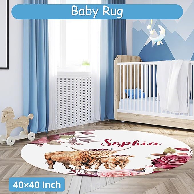 Personalized Name Baby Crib Bedding Set, 5 Pcs Custom Highland Cow Nursery Bedding Sets for Baby Girls Boys, Soft Double Layer Blanket, Newborn Infant, Toddler Crib Set