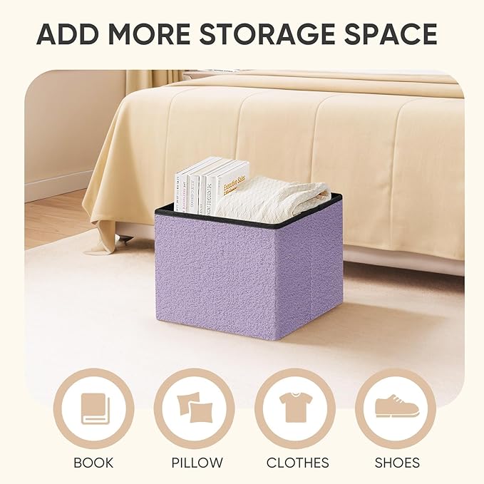 PINPLUS Storage Ottoman Cube Ottoman Foot Rest,Small Foldable Portable Boucle Upholstered Sherpa Ottomans, Faux Teddy Fur, Purple 16.5"x12.6"x12.6"