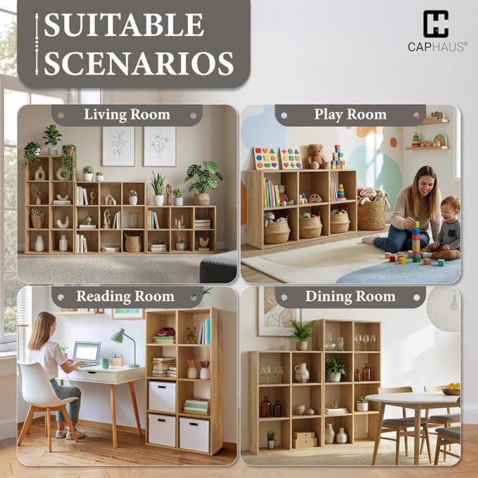 CAPHAUS 11-Inch Cube Storage Organizer Shelf, Home Storage Shelf Divider w/Back, 6-Cube Storage Bookcase, Natural Oak