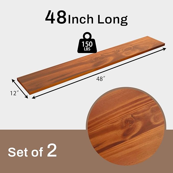 12x48 Inch Rustic Wood Floating Shelves 2-Pack - Farmhouse Wall Shelves with 100 lbs Capacity, Easy Installation for Living Room, Kitchen, Bathroom
