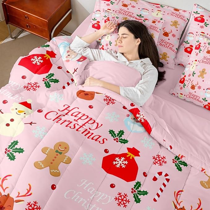 Christmas Deer King Comforter Set with Sheets for Kids Boys Girls Cute Gingerbread Man 7 Pieces Bedding Set Christmas Santa Claus Bed in a Bag Reversible Pink Decor Room Decor Soft Lightweight