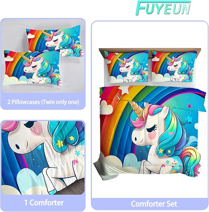Unicorn Bedding Twin Size Rainbow Unicorn Comforter Set for Girls Kids Children Boys Bedroom Cartoon Light Blue Unicorn Quilt 1 Comforter + 1 Pillowcase