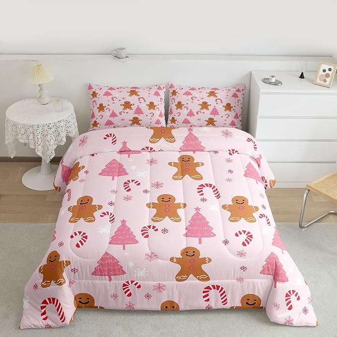 Feelyou Cute Gingerbread Man Comforter Set All Season Pink Christmas Tree Bedding Set with 2 Pillow Cases Candy Cane Kids Full Snowflake Room Decor Christmas Duvet Quilt Breathable Soft Lightweight