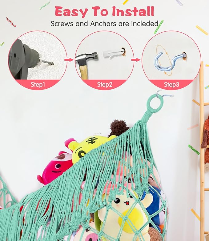Stuffed Animal Hammock - Extra Large 63'' Long, Stuffed Animal Storage, stuffed animal Holder net, Toy Hammock Large, Toy Storage Hanging Organizer - Elegant blue