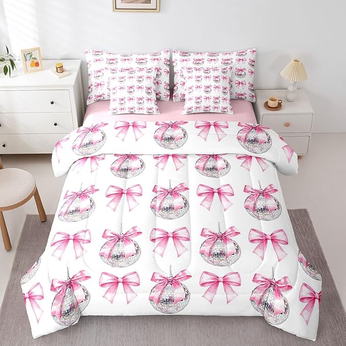 7 Pieces Cartoon Bowknot Kid Comforter Set King,Bow Tie Butterfly Knot Princess Bedding Set,Western Cowgirl Disco Ball Retro Pink White（Comforter+Fitted+Flat Sheet+2 Pillowcases+2 Throw Pillow Covers）