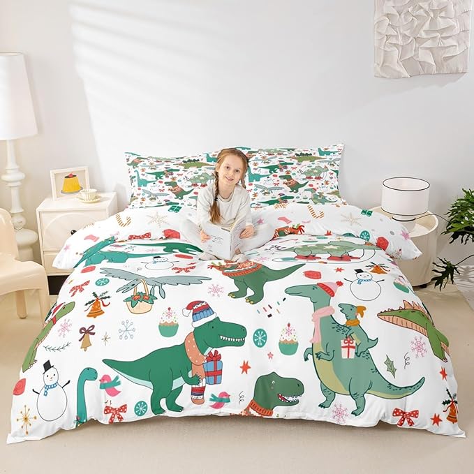 Feelyou Christmas Dinosaur Decorative Comforter Cover Toddler Size Cartoon Snowman Duvet Cover Xmas Bow Snowflake Bedding Set Gifts for Kids Boys Girls 1 Pillow Case