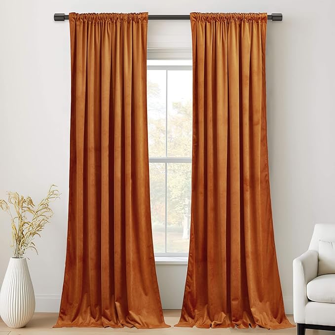 StangH Velvet Curtains 108 inches Long - Orange Room Darkening Thermal Insulated Living Room Drapes Back Tab Privacy Backdrop Curtains for Holiday Decor, W52 x L108, 2 Panels