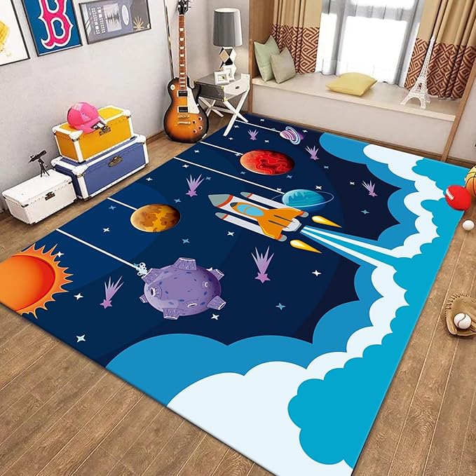 Outer Space Rugs,5x8ft,Kids Playroom Crawling Mat,Machine Washable,Non-Slip Carpet with Cartoon Planets and Rocket Design,Suitable for Kids Bedroom,Classroom,Nursery Decorative Rug