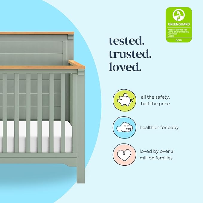 daVinci Shea 4-in-1 Baby Crib Convertible to Toddler Bed, Daybed, Full-Size Bed - FSC, GREENGUARD Gold Certified Wood Crib, Conversion Kits Sold Separately - 4 Adjustable Heights, Light Sage and Honey
