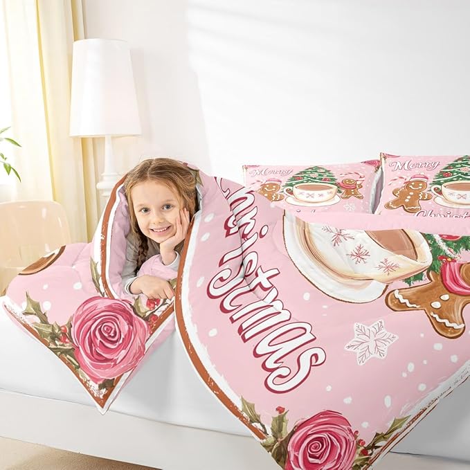 Feelyou Merry Christmas Comforter Set Twin Size Gingerbread Man Bedding Set for Kids Boys Girls Xmas Duvet Quilt Christmas Decor Bedroom Decor Microfiber 2 Pcs with 1 Pillow Cases