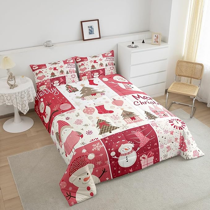 Christmas Tree Comforter Set Twin Size,Merry Christmas Bedding Set for Kids Boys Girls Room Decor,Snowman Christmas Tree Snowflake Quilt Set 2Pcs,Cartoon Plaid Patchwork Duvet Insert,1 Pillowcase