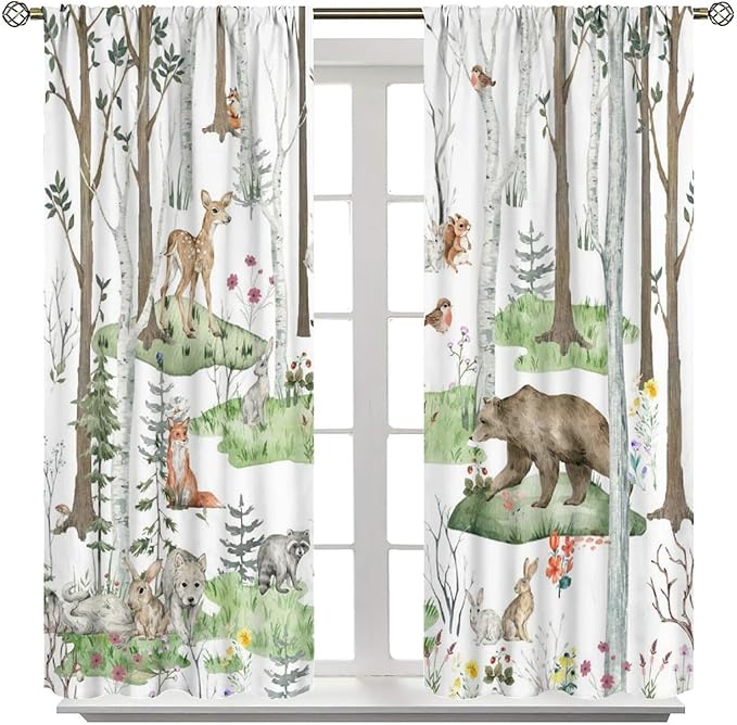 YCness Woodland Animals Curtains, Wild Animals Watercolor Forest Bear Deer Fox Rabbit Floral Nature Window Treatments for Bedroom Kitchen Nursery Living Room Drapes, 63x63 Inch