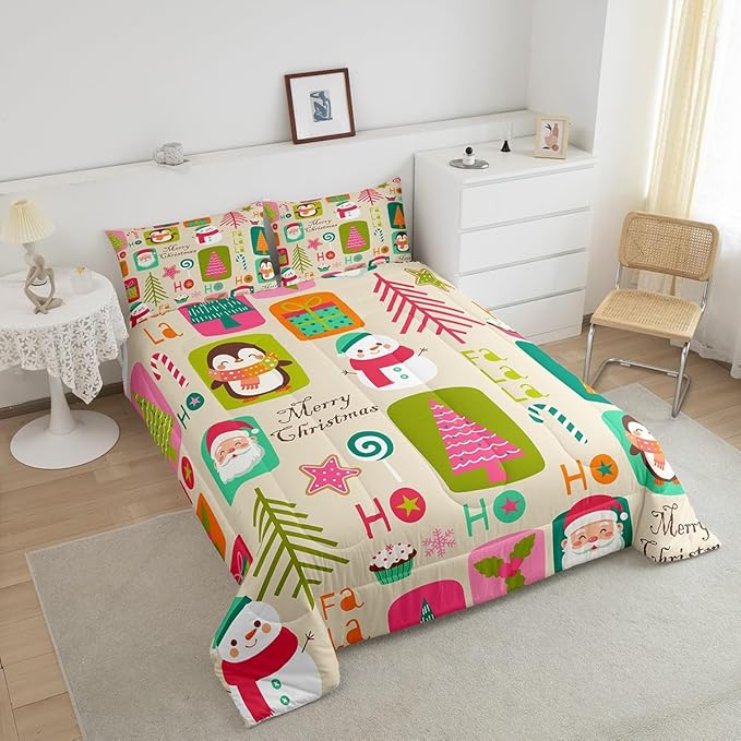 Erosebridal Xmas Decor Quilts Kids Santa Claus Christmas Tree Comforter Set Boys Girls Bedroom, Cartoon Snowflake Bedding Set Cute Snowman Down Comforter Twin Size