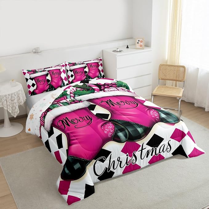 Feelyou Merry Christmas Comforter Set All Season Cartoon Shoes Bedding Set with 2 Pillow Cases Microfiber Kids Full Bedclothes Winter Bedroom Decor Duvet Quilt Breathable Soft