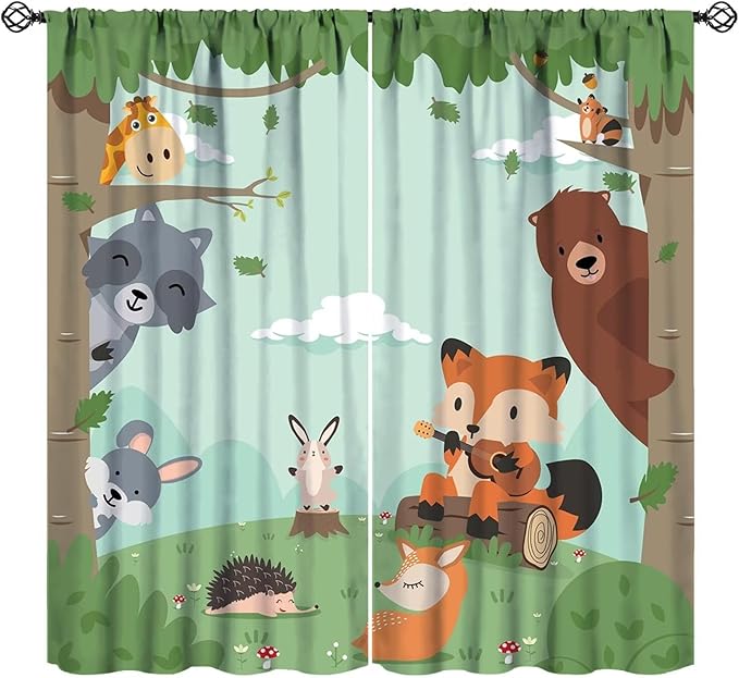 Forest Animals Curtains Colorful Forest Cartoon Cute Fox Bear Giraffe for Kids Boys Girls Nursery Bedroom Living Room Blackout Rod Pocket Decoration Window Drapes 2 Panels W21xL54in