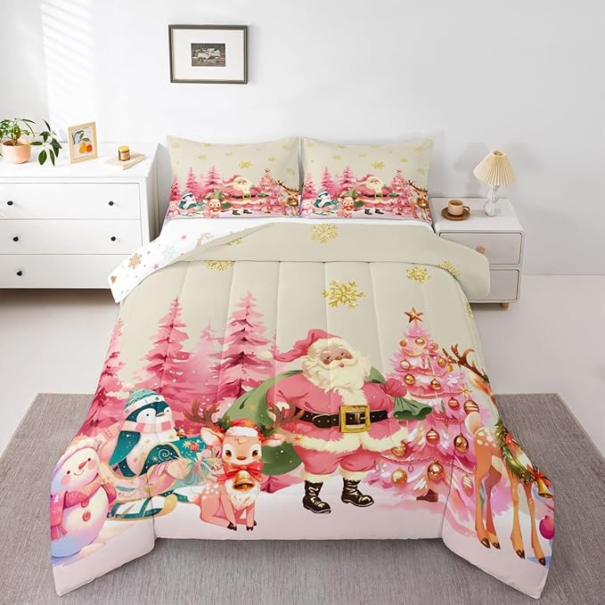 jejeloiu Merry Christmas Comforter Set Toddler Size Santa Claus Bedding Set for Kids Boys Girls Cute Deer Duvet Quilt Beige Bedroom Decor