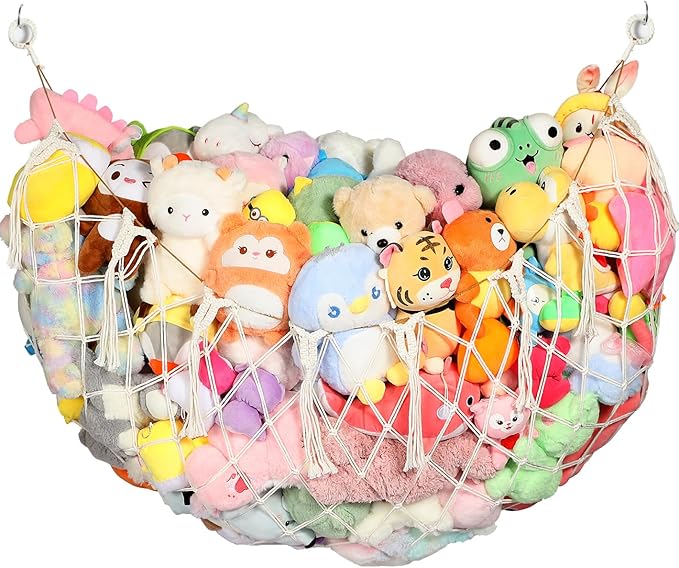 Yecaye 60 IN Stuffed Animal Hammock, Hanging Stuffed Animal Storage with Handmade Macrame Tassels, Net for Stuffed Animals Corner Large for Nursery Living Room Wall Decoration, Cream White