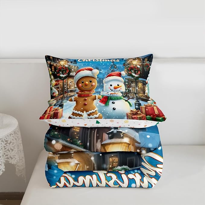 Gingerbread Man Comforter Set Full Size,Cute Snowman Merry Christmas Kids Bedding Set,Snowflake Winter Xmas Poinsettia Quilt Comforter,Blue Brown Duvet Insert,2 Pillowcases