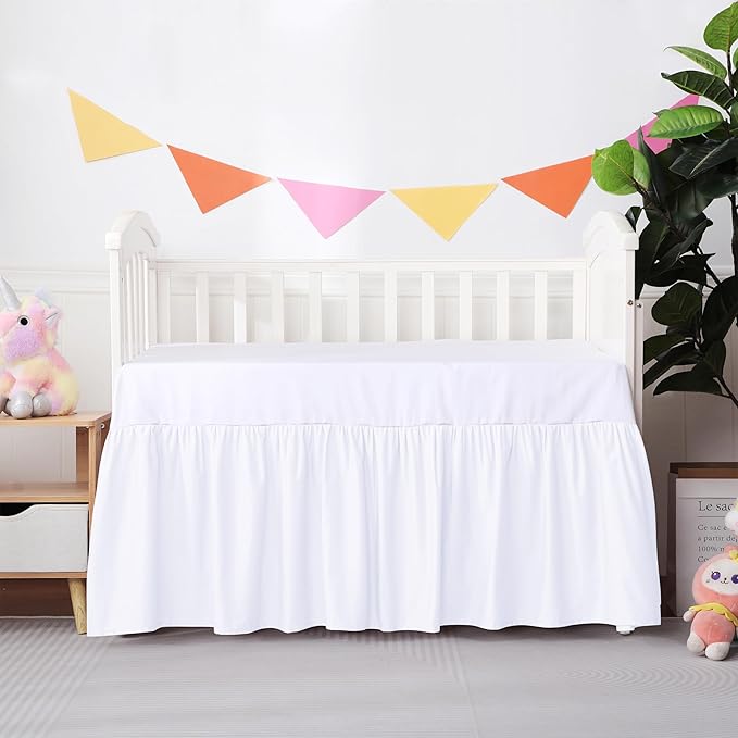 Crib Skirt Dust Ruffle, 100% Egyptian Cotton 400 Thread Count Soft Breathable Crib Bedding Skirt for Baby, Boys and Girls, Fading Resistant (White)