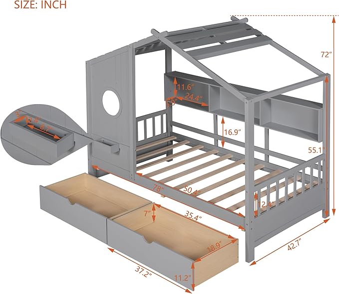 Linique Wooden Twin Size House Bed with 2 Drawers and Storage Shelf,Twin Platform Bed Frame with Pitched Roof,Gray