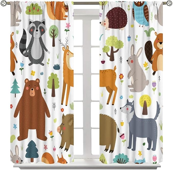Forest Animals Kids Blackout Curtains Cartoon Cute Bear Deer Squirrel Owl Hedgehog Modern Art Print for Boys Girls Bedroom Living Room Nursery Rod Pocket Decoration Window Drapes 2 Panels W21xL54in