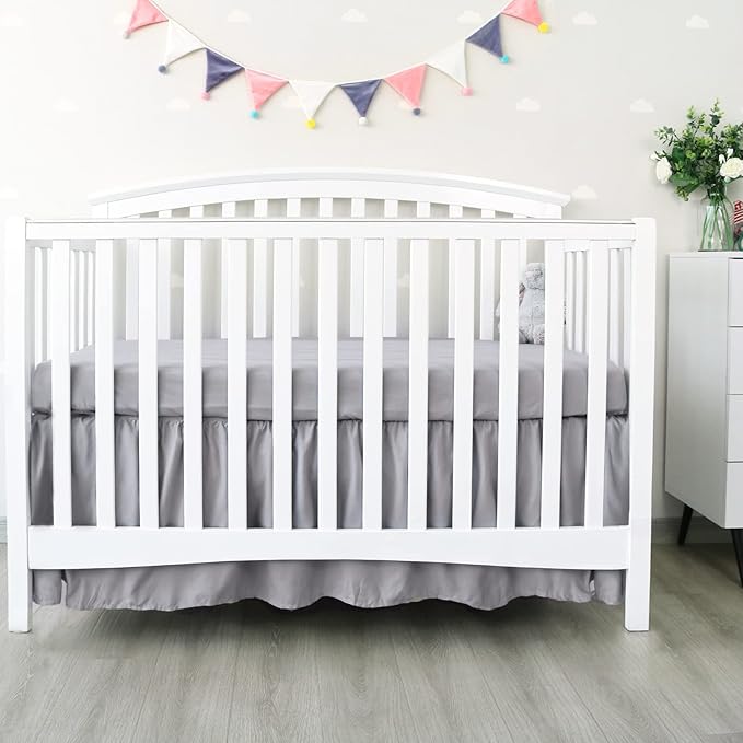 Crib Bed Skirt Grey 4 Sides Pleated Dust Ruffle Bed Skirt, Adjustable Nursery Crib Bedding for Baby Girls or Baby Boys, Fit All Standard Crib Toddler Bed Skirts Machine Wash