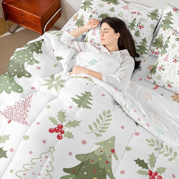 Erosebridal Kids Cartoon Christmas Bed in A Bag 7 Pcs Kawaii Christmas Tree Comforter Set for Women Men Cute Xmas Pine Tree Bedding Sets King Red Berry Xmas Decoration Sheet Set with Comforter