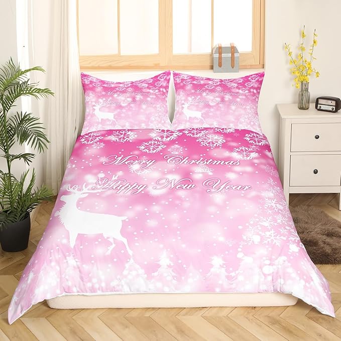 Manfei Christmas Pink Duvet Cover Set King Size, Xmas Trees Deer Snowflake Bedding Set 3pcs for Kids Girls, New Year Theme Comforter Cover Soft Polyester Quilt Cover with 2 Pillowcases,No Comforter