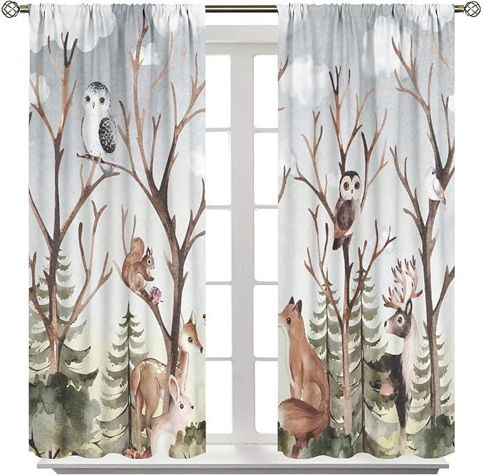 Forest Curtains, Cartoon Woodland Animals Tree Birds Moose Rabbit Mushroom Print Pattern Kids Bedroom Window Treatments Curtains 42x45 Inch, Style-8