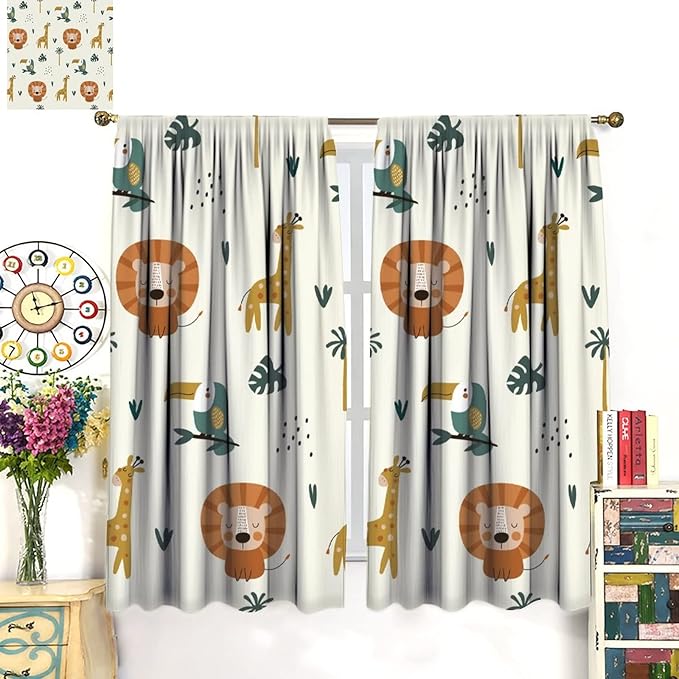 Cute Lion Window Curtains for Kids Bedroom,Cartoon Woodland Jungle Forest Wildlife Little Lion Giraffe Owl Palm Tree Printed Pattern Blackout Drapes for Living Room Baby Nursery Room 52x84in